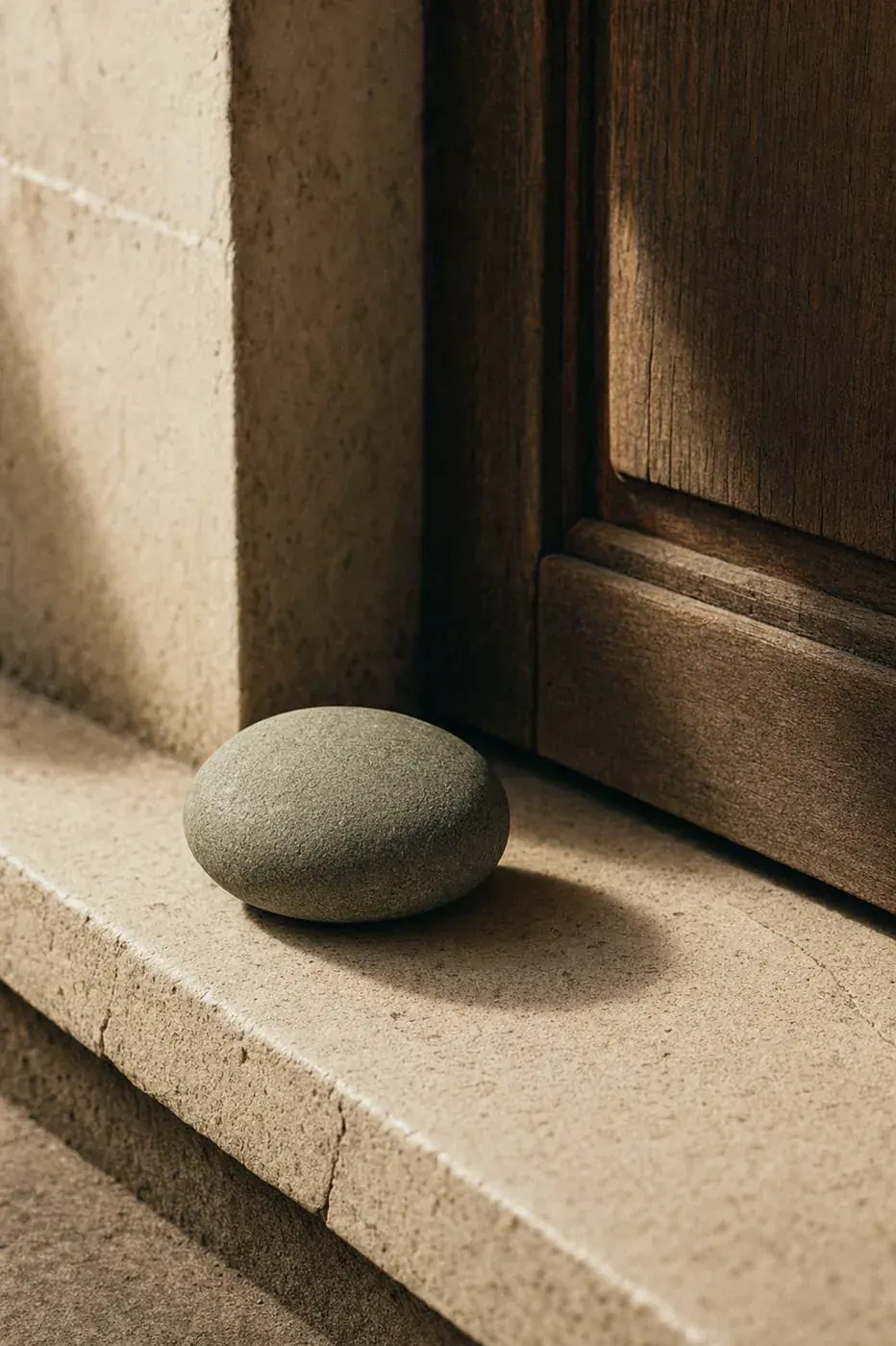 A lit candle in a stone bowl beside eucalyptus on cream linen