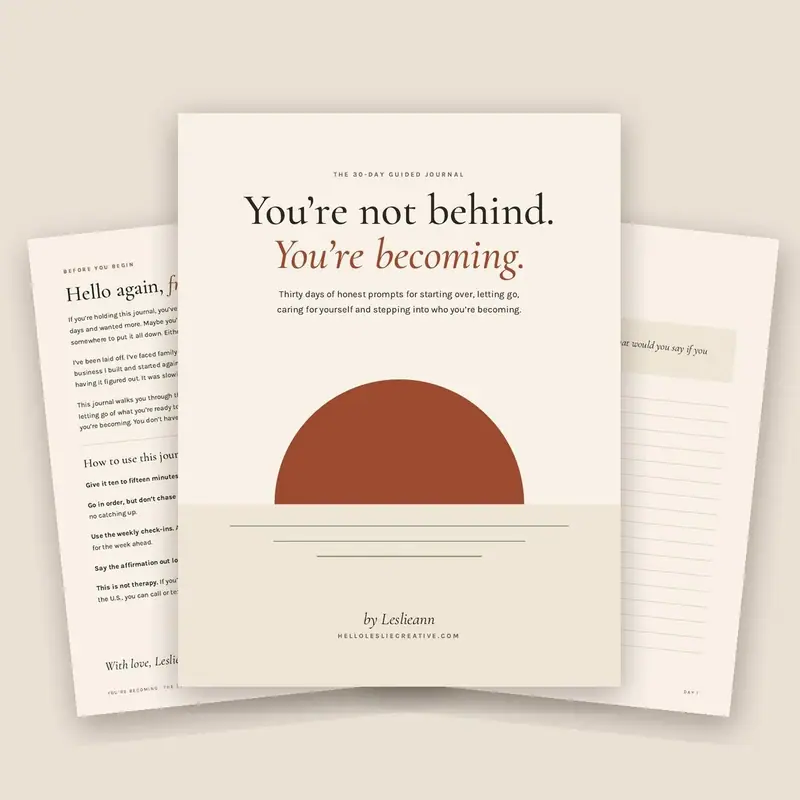 Pages from You're Becoming: The 30-Day Journal fanned out beside the welcome letter and a Day 1 writing page