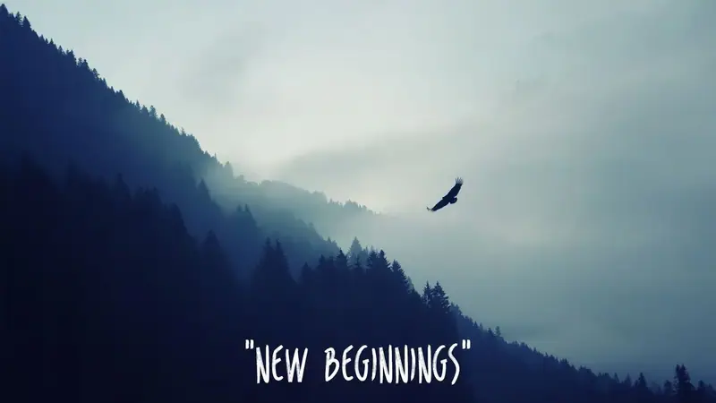 Mountain landscape reading “New Beginnings”