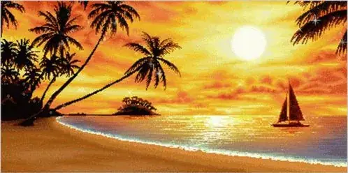 Tropical sunset with palm trees and a sailboat