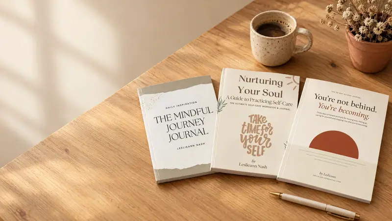 Three guided journals on a wooden desk beside a mug of coffee and a vase of dried flowers