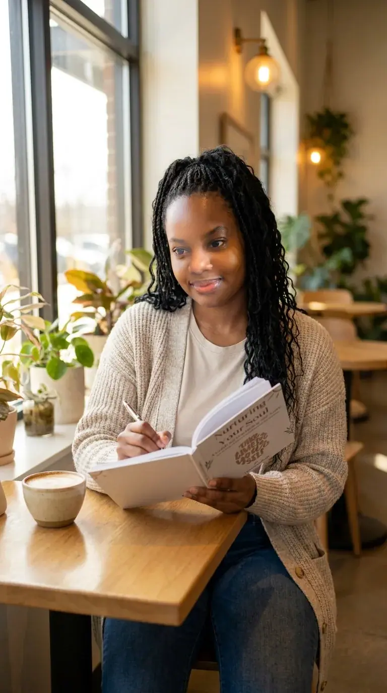 Leslieann writing in Nurturing Your Soul at a sunny cafe table beside a latte