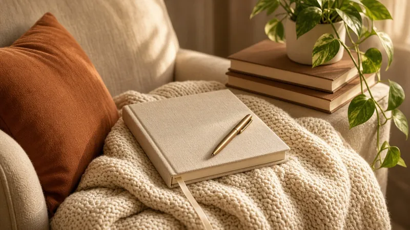 Linen-covered guided journal and brass pen resting on a cream knit throw beside books and a plant