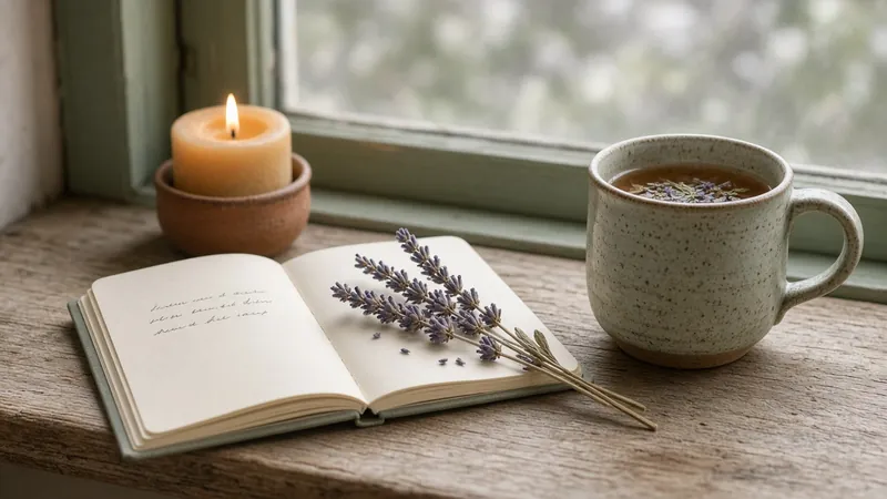 Open journal with dried lavender, a lit candle and a mug of tea on a weathered windowsill