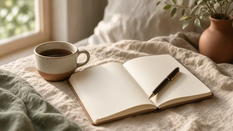 Open blank journal and pen on a linen bed beside a cup of tea in soft morning window light