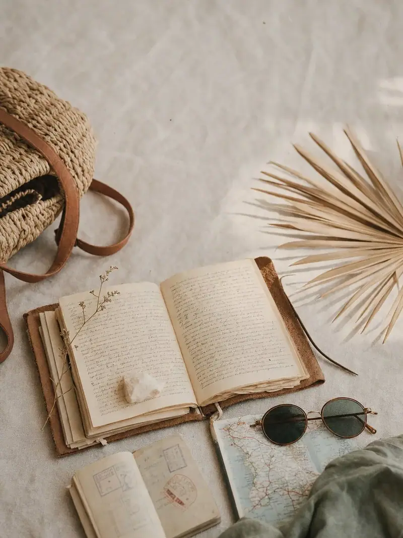 An open handwritten travel journal on cream linen beside a stamped passport, a folded paper map, round sunglasses and a woven straw bag