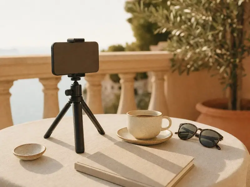 A phone on a small tripod beside a linen notebook, a coffee cup and sunglasses on a sunlit balcony table
