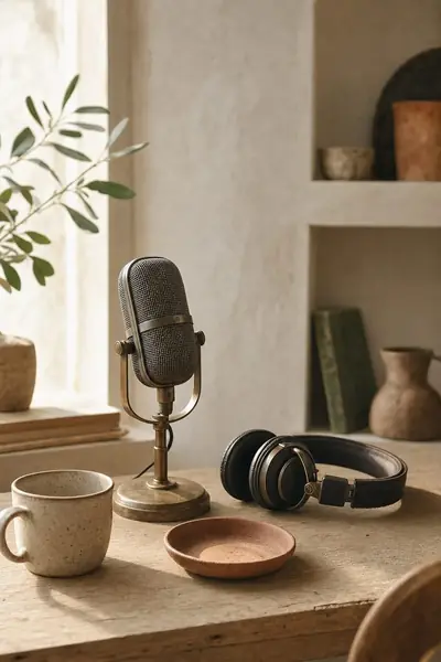 A vintage microphone and headphones on a wooden table in soft window light