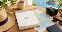 A sun hat, travel journal, map and camera on a table overlooking the sea