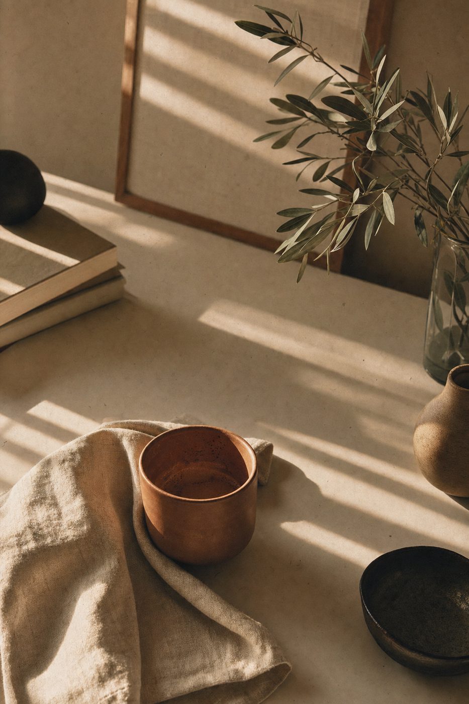 Late afternoon window light across a desk with a terracotta cup and linen napkin