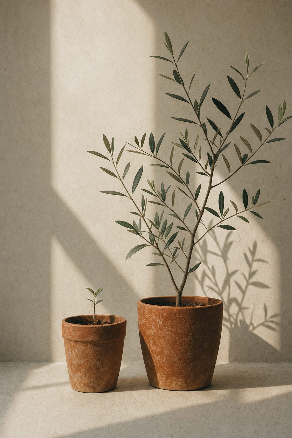 Two terracotta pots, one with a tiny seedling and one with a tall olive branch, against warm plaster