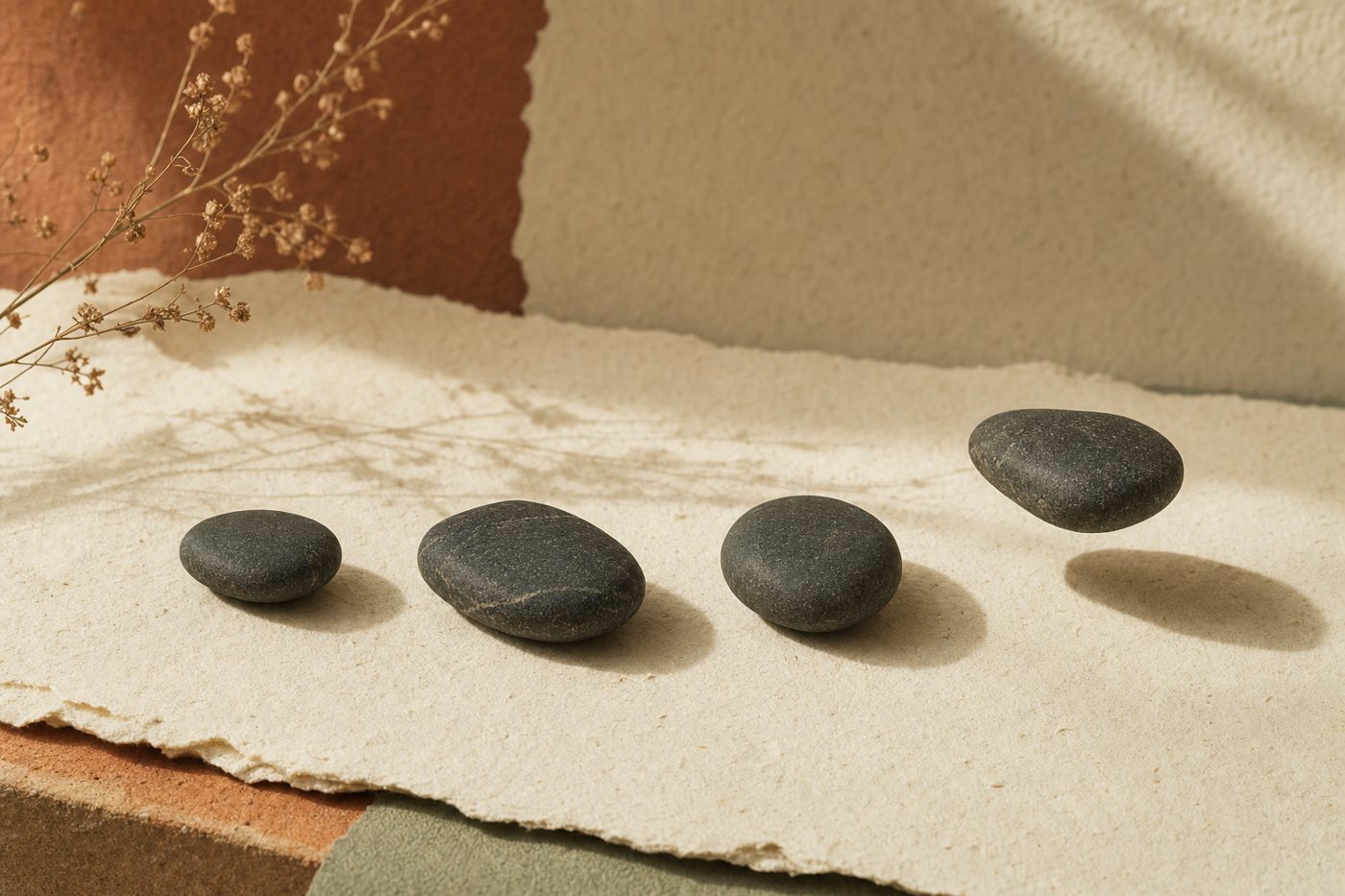 Four dark smooth stones in a row on handmade cream paper, one lifted and casting a shadow