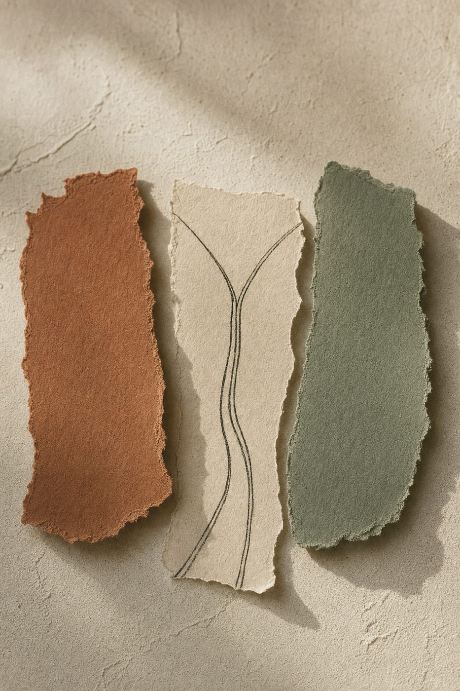 Torn terracotta and sage paper swatches beside a cream swatch with a hand-drawn forking path