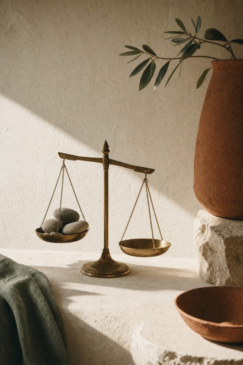 A small brass balance scale holding smooth stones beside a terracotta vessel