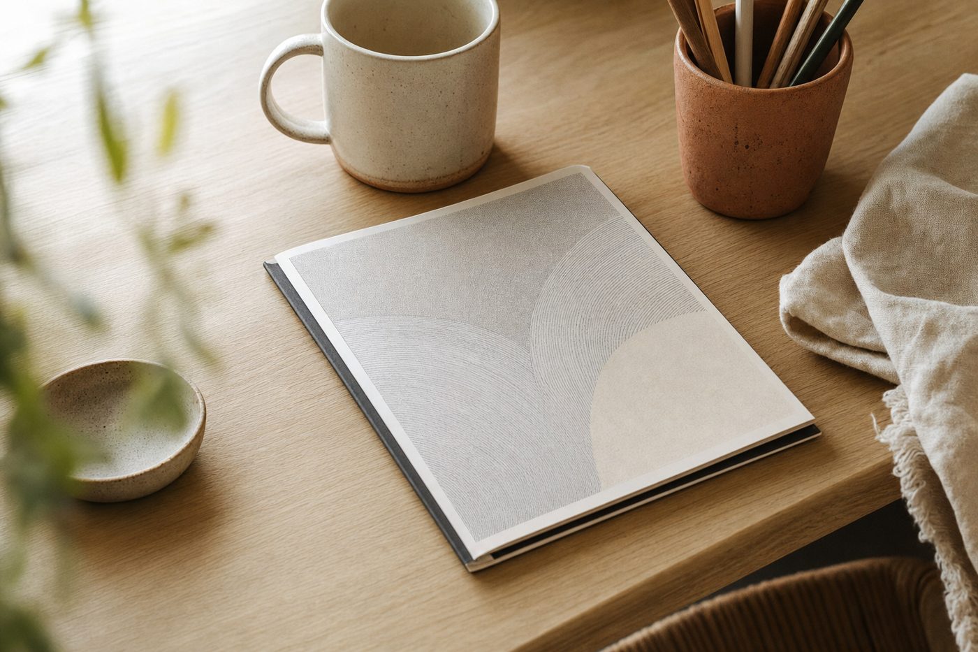 A slim booklet with an abstract cover lying on a pale oak desk beside a mug and a terracotta pencil cup