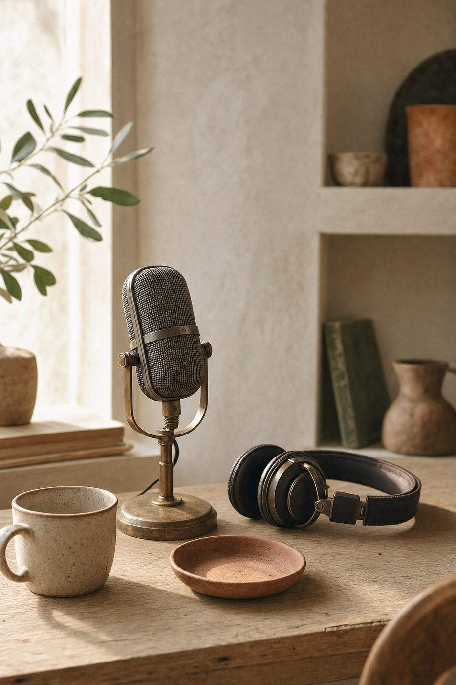 A vintage microphone and headphones on a wooden desk in warm afternoon light