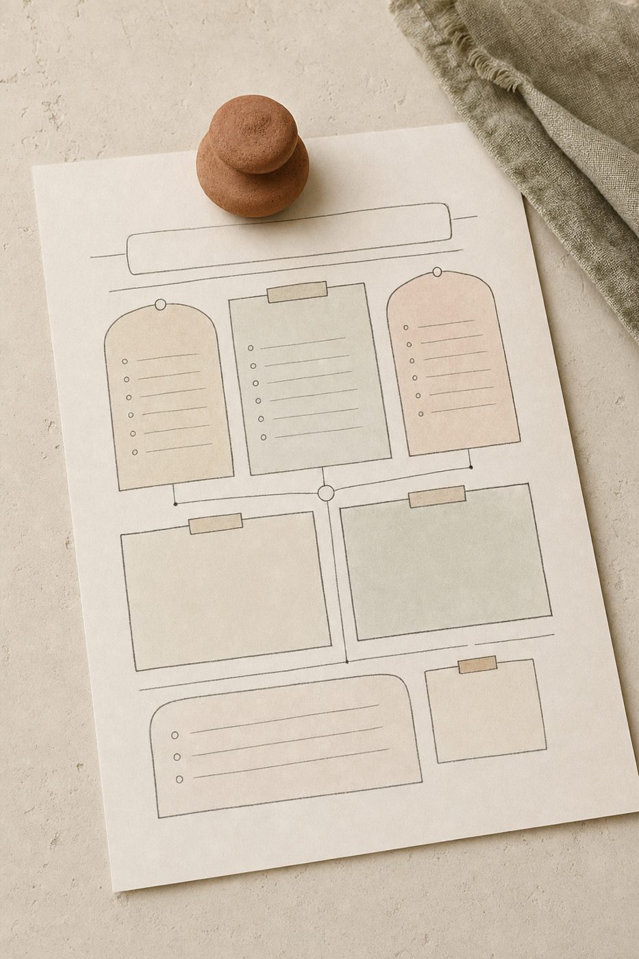 A printed one-page planning worksheet on cream paper held down by a terracotta clay weight