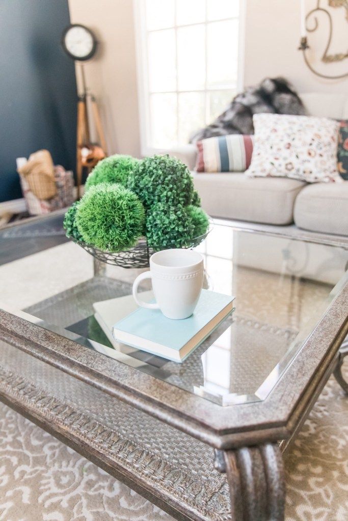 Coffee table with books, a plant, and a mug in a living room