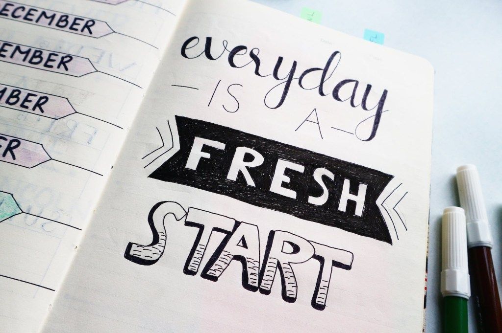 Open notebook reading “Everyday is a fresh start”