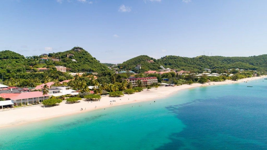 Aerial view of a beach and turquoise water in Grenada