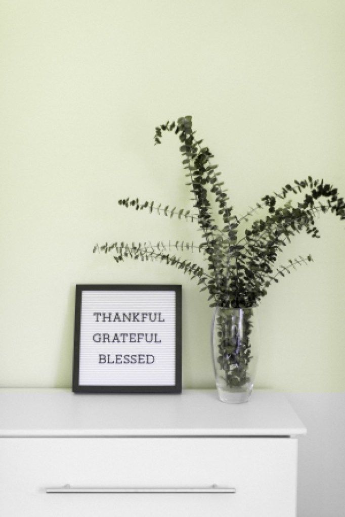 Letter board reading “Thankful Grateful Blessed” beside a vase of greenery