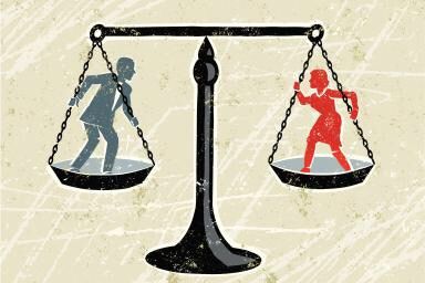 Balance scale with a woman on one side and a man on the other