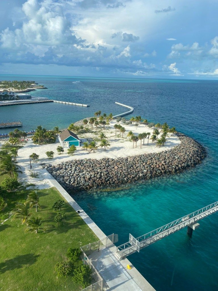 Aerial view of a small palm-covered island beside turquoise water
