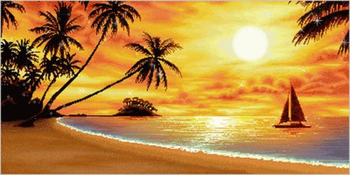 Tropical sunset with palm trees and a sailboat