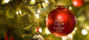 Christmas ornament reading “Keep calm and carry on”